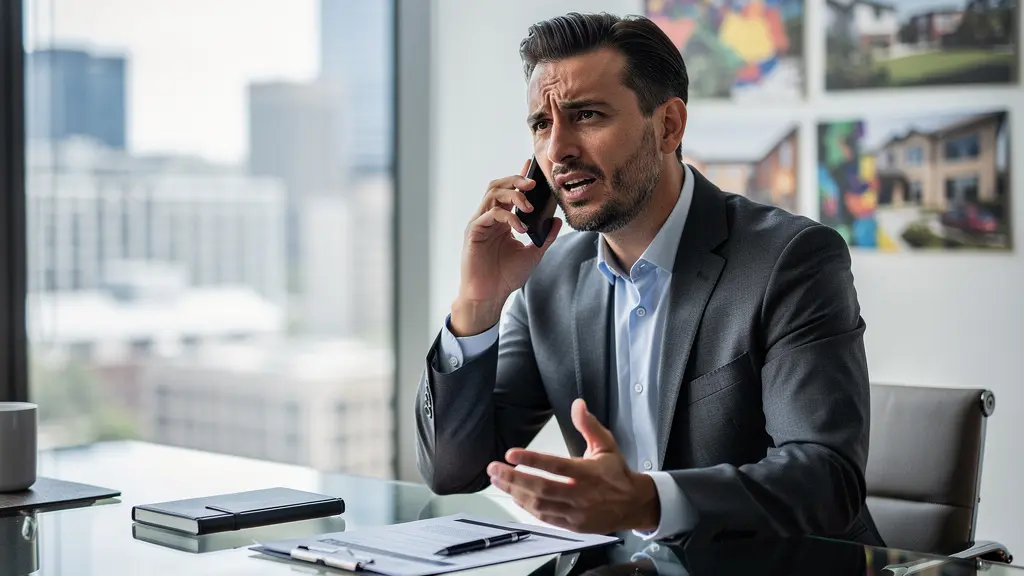 Agent immobilier au téléphone dans un bureau moderne avec vue sur la ville
