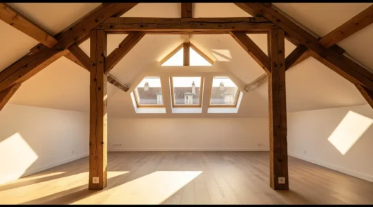 Vue intérieure de combles aménagés lumineux avec charpente apparente et fenêtres de toit