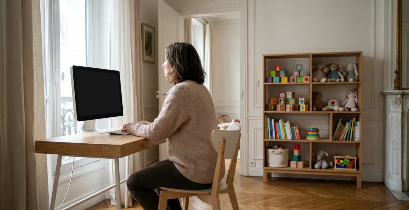 Intérieur d'un T3 français avec espace bureau aménagé pour le télétravail et coin familial