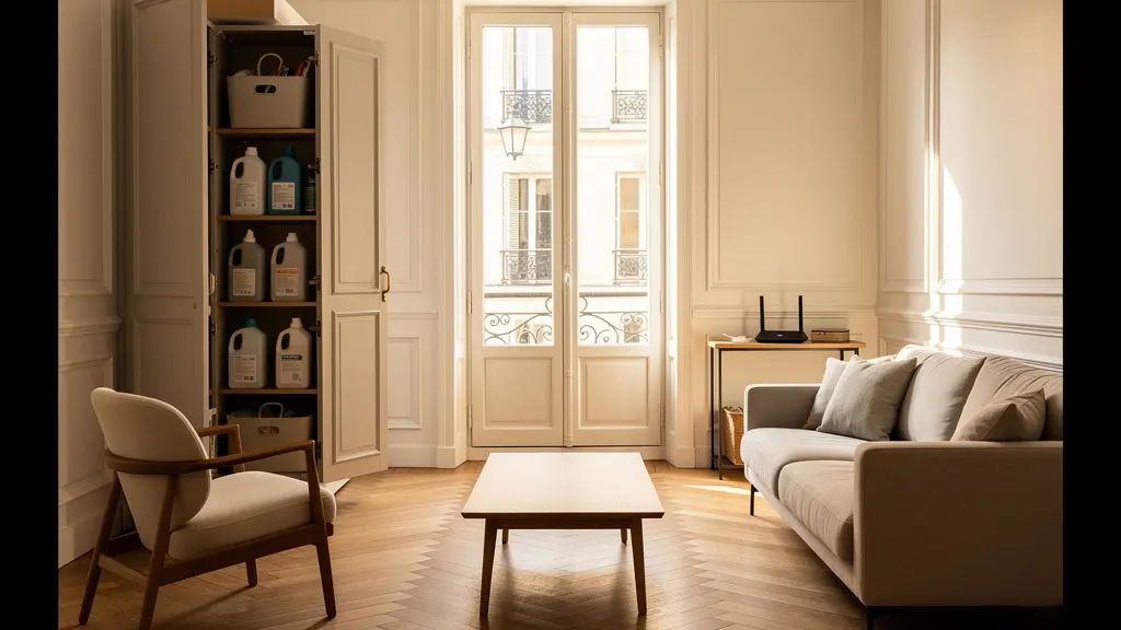 Intérieur d'un appartement moderne avec services tout compris visibles en arrière-plan