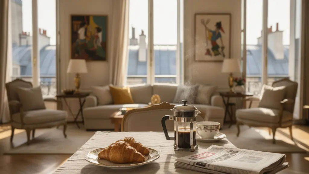 Intérieur d'un appartement parisien élégant avec décoration soignée et vue sur les toits