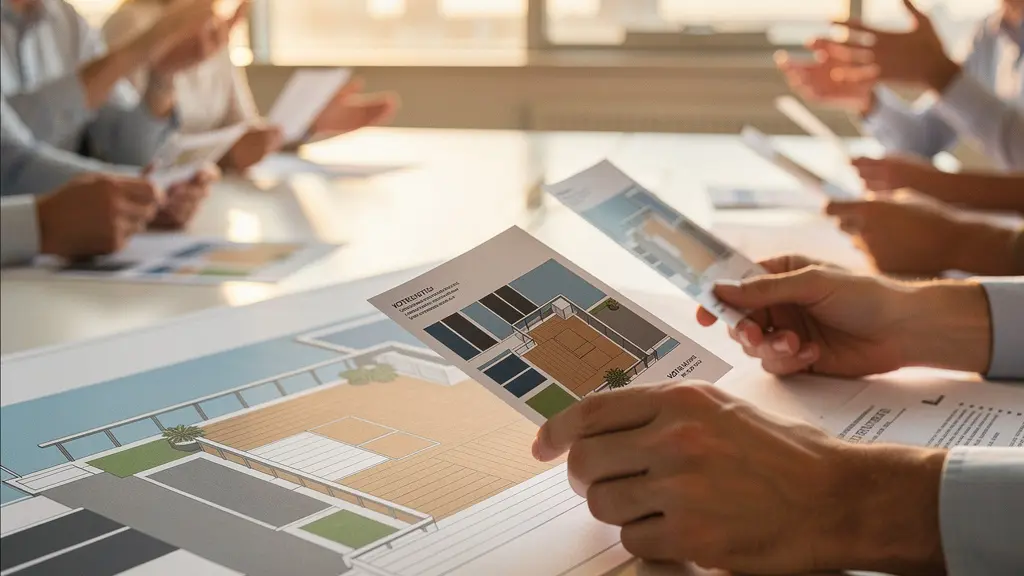Réunion d'assemblée générale de copropriété avec documents de vote et plans architecturaux sur table