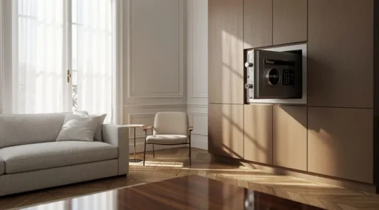 Intérieur moderne d'un salon avec coffre-fort élégant intégré au mobilier et objets précieux sécurisés