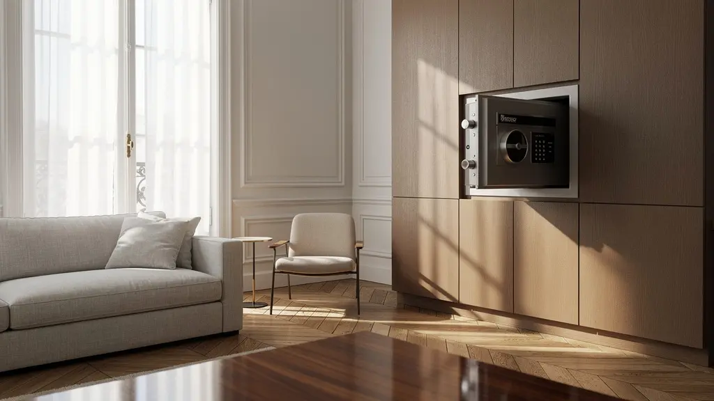 Intérieur moderne d'un salon avec coffre-fort élégant intégré au mobilier et objets précieux sécurisés