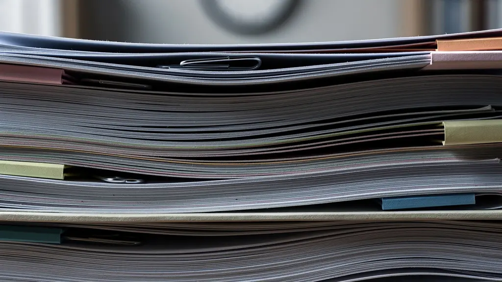 Pile de dossiers sur un bureau d'agence immobilière avec horloge murale floue