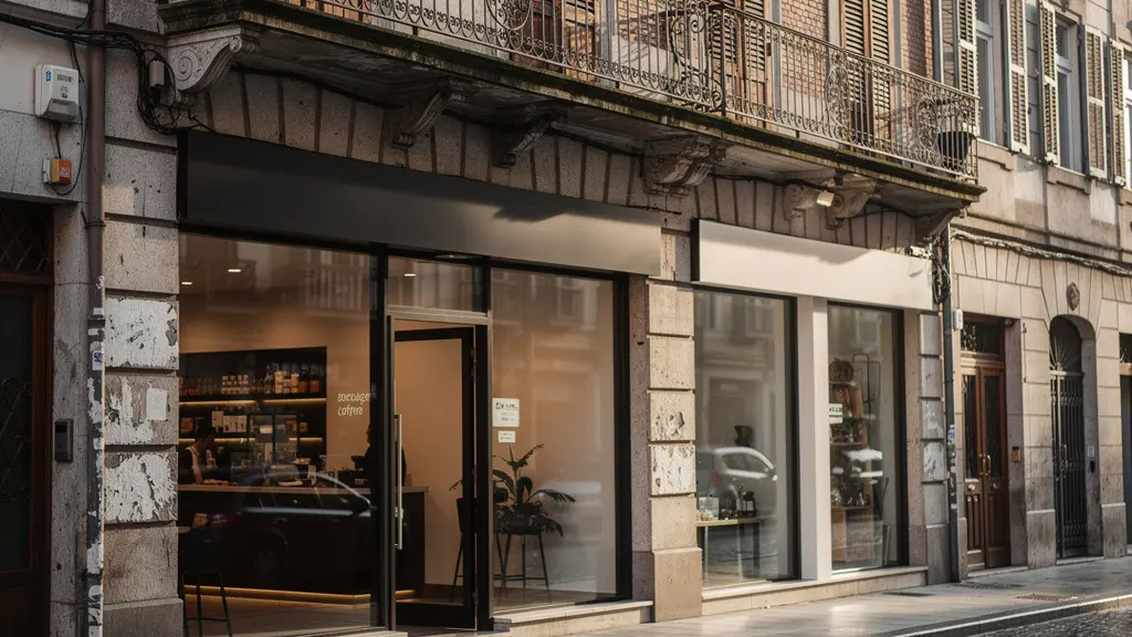 Façade d'un café moderne dans une rue pavée d'un quartier populaire français en transformation