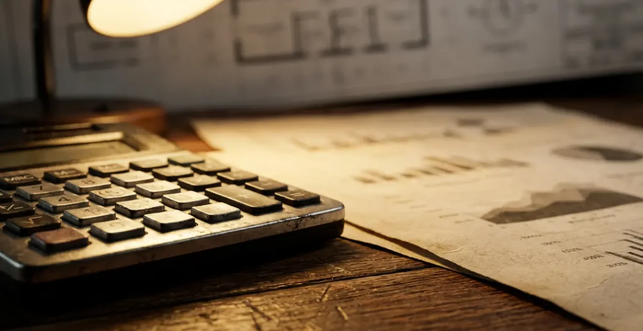 Bureau moderne avec calculatrice, documents financiers et graphiques de rendement immobilier