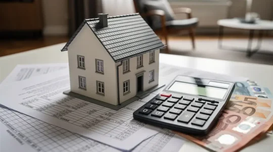 Calculatrice et maison miniature sur documents financiers avec billets euros