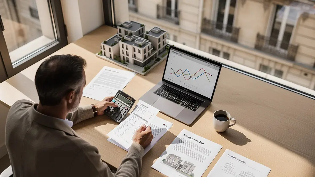 Propriétaire calculant les frais de gestion immobilière avec documents et calculatrice