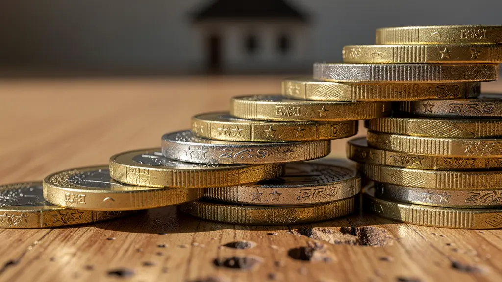 Main posant des pièces euros sur une pile croissante, avec une maison en arrière-plan flou symbolisant le gain financier immobilier.