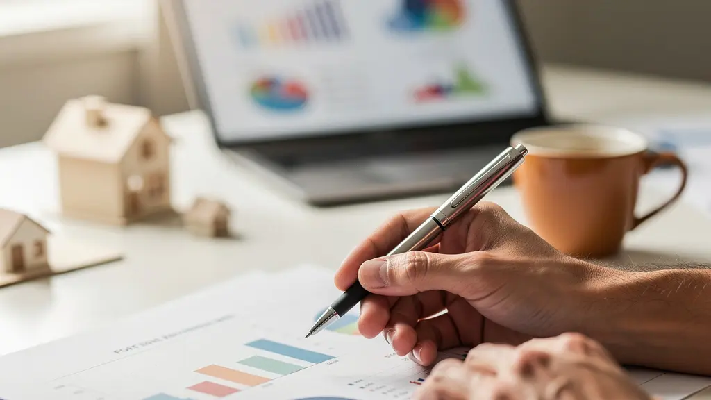 Bureau moderne avec documents d'analyse immobilière et outils de calcul