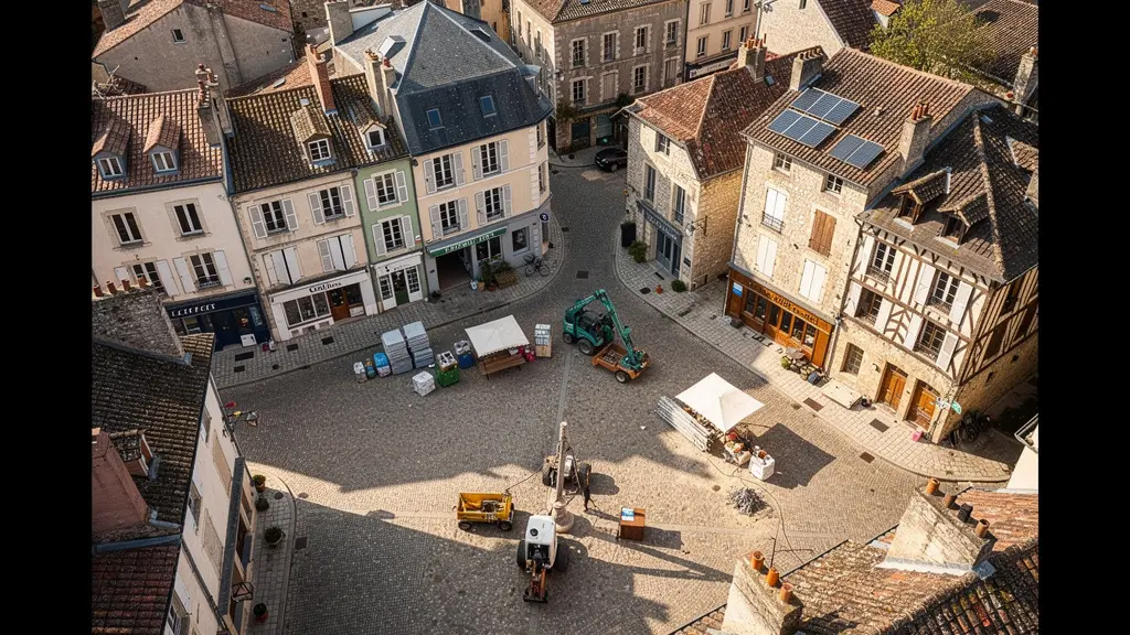 Vue aérienne d'un centre-ville français historique en cours de revitalisation avec travaux de rénovation et nouvelles infrastructures