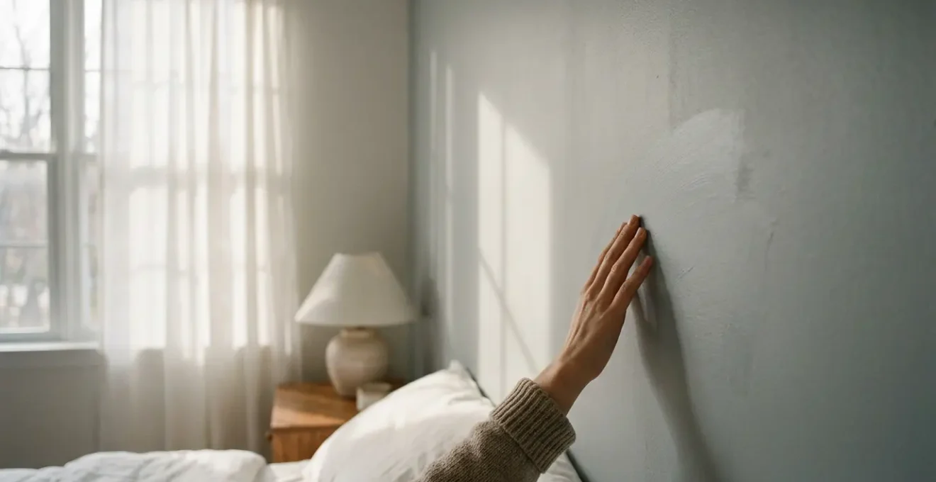 Chambre moderne avec mur d'accent gris clair et mobilier épuré pour valorisation immobilière