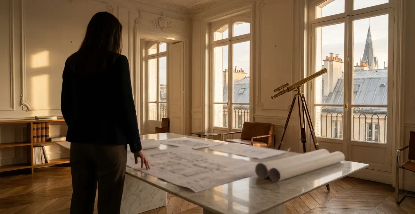 Un chasseur immobilier professionnel analysant des documents dans un appartement haussmannien élégant avec vue sur les toits parisiens
