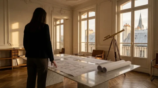 Un chasseur immobilier professionnel analysant des documents dans un appartement haussmannien élégant avec vue sur les toits parisiens