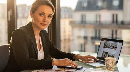 Chasseur immobilier analysant des dossiers de biens immobiliers dans un bureau parisien élégant