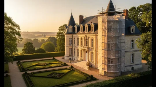 Vue majestueuse d'un château français en cours de restauration avec échafaudages délicats sur une tourelle