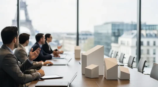 Réunion stratégique d'investisseurs pour un club deal immobilier dans un bureau moderne avec vue sur Paris