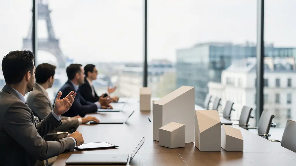 Réunion stratégique d'investisseurs pour un club deal immobilier dans un bureau moderne avec vue sur Paris