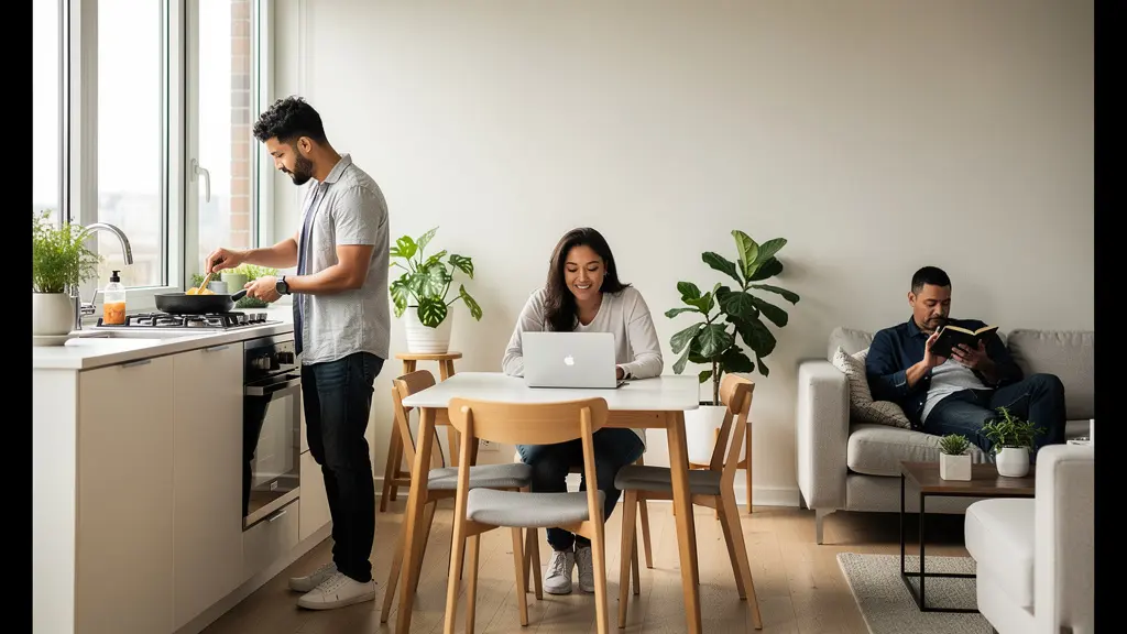 Espace de vie partagé dans une colocation moderne avec cuisine ouverte et salon commun
