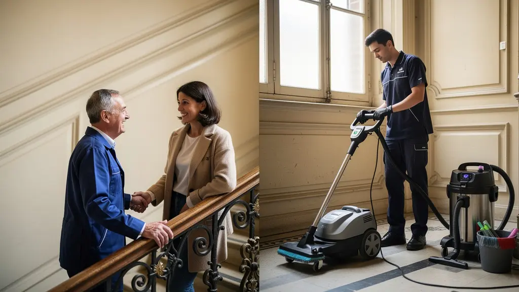 Deux professionnels de l'entretien dans une cage d'escalier d'immeuble, l'un en uniforme de gardien, l'autre avec équipement de nettoyage professionnel