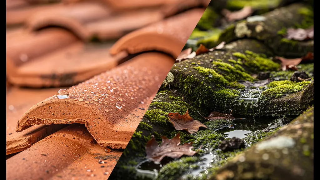 Comparaison entre une toiture propre et une toiture envahie par la mousse en France