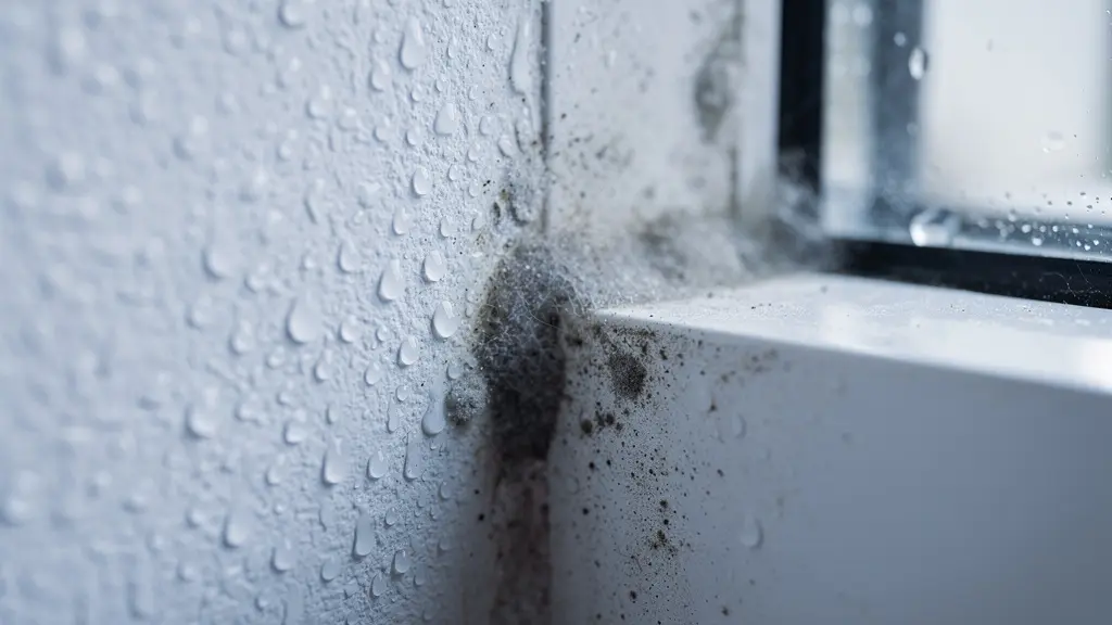 Condensation et traces d'humidité sur un mur intérieur près d'une fenêtre moderne