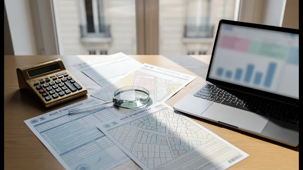 Bureau avec documents fiscaux et calculatrice pour contester la taxe foncière