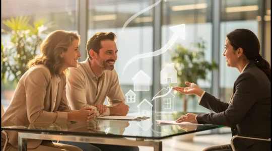 Couple consultant un conseiller immobilier dans un bureau moderne et lumineux