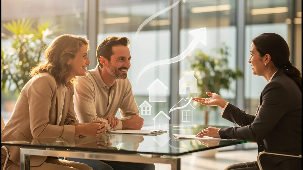 Couple consultant un conseiller immobilier dans un bureau moderne et lumineux