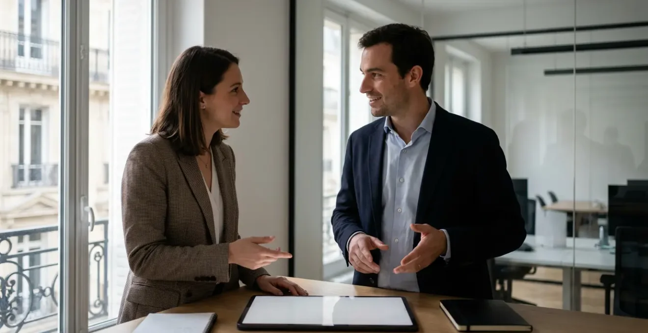 Échange professionnel entre propriétaire et gestionnaire immobilier dans un cadre moderne