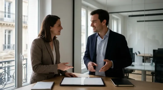 Échange professionnel entre propriétaire et gestionnaire immobilier dans un cadre moderne