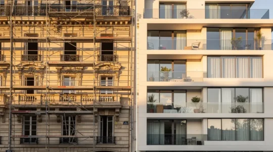 Comparaison visuelle entre un immeuble ancien en rénovation avec échafaudages et un bâtiment moderne neuf dans un quartier revitalisé de centre-ville français