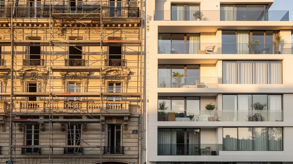 Comparaison visuelle entre un immeuble ancien en rénovation avec échafaudages et un bâtiment moderne neuf dans un quartier revitalisé de centre-ville français