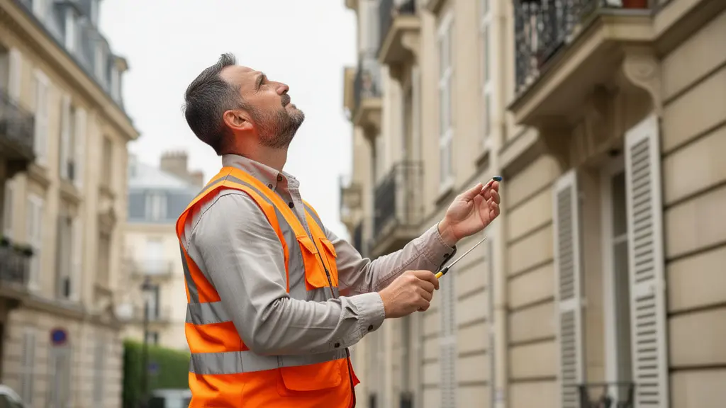 Technicien diagnostiqueur inspectant la façade d'un immeuble résidentiel pour audit immobilier