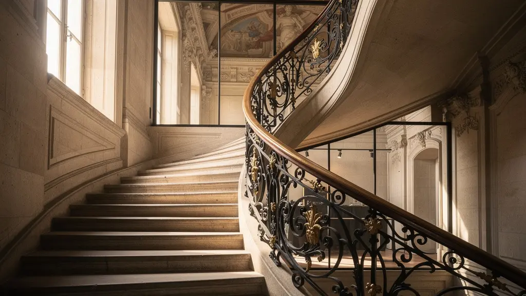 Vue en contre-plongée d'un majestueux escalier d'honneur dans un hôtel particulier français avec rampe en fer forgé
