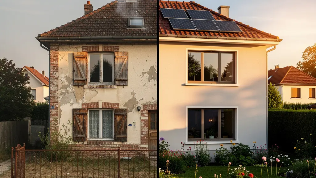 Comparaison visuelle entre une maison moderne rénovée énergétiquement et une passoire thermique