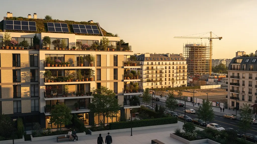 Vue d'ensemble d'un quartier résidentiel neuf en France avec des bâtiments modernes et des espaces verts