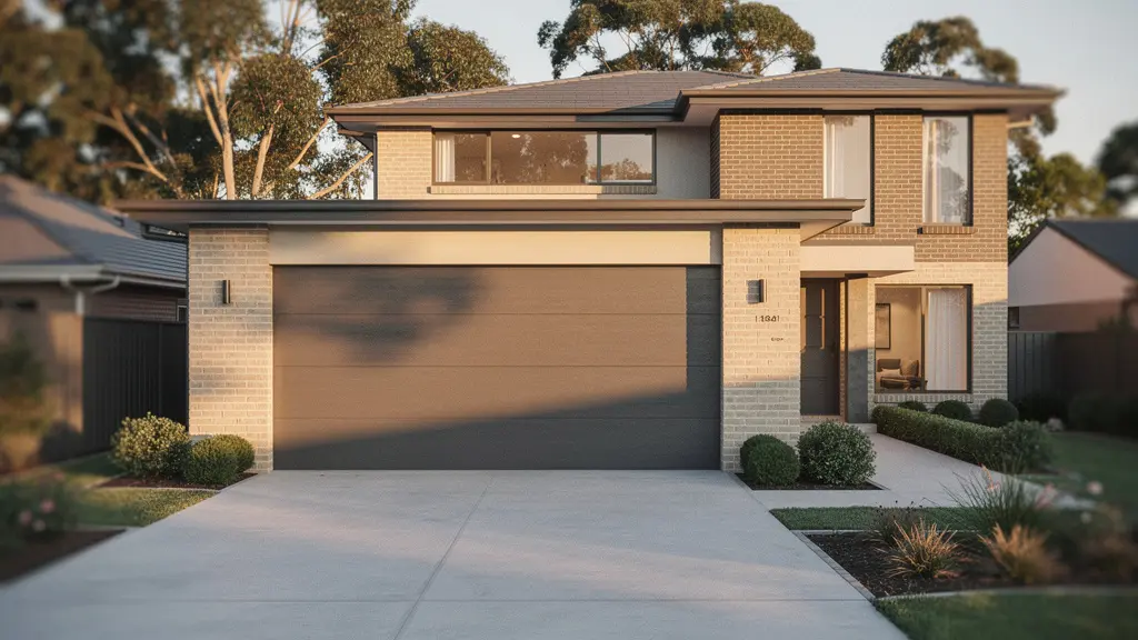 Vue latérale d'une maison contemporaine avec un garage double intégré en fin de journée