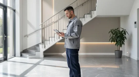 Vue d'un hall d'immeuble moderne parfaitement entretenu avec un technicien consultant une tablette digitale pour la maintenance préventive