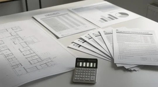 Bureau moderne avec documents de planification budgétaire immobilière et calculatrice, ambiance professionnelle et organisée