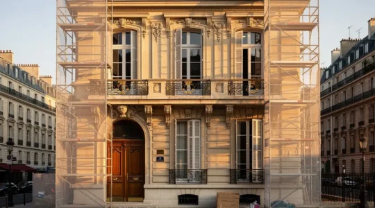 Façade majestueuse d'un hôtel particulier français du XVIIIe siècle en cours de rénovation avec échafaudages élégants