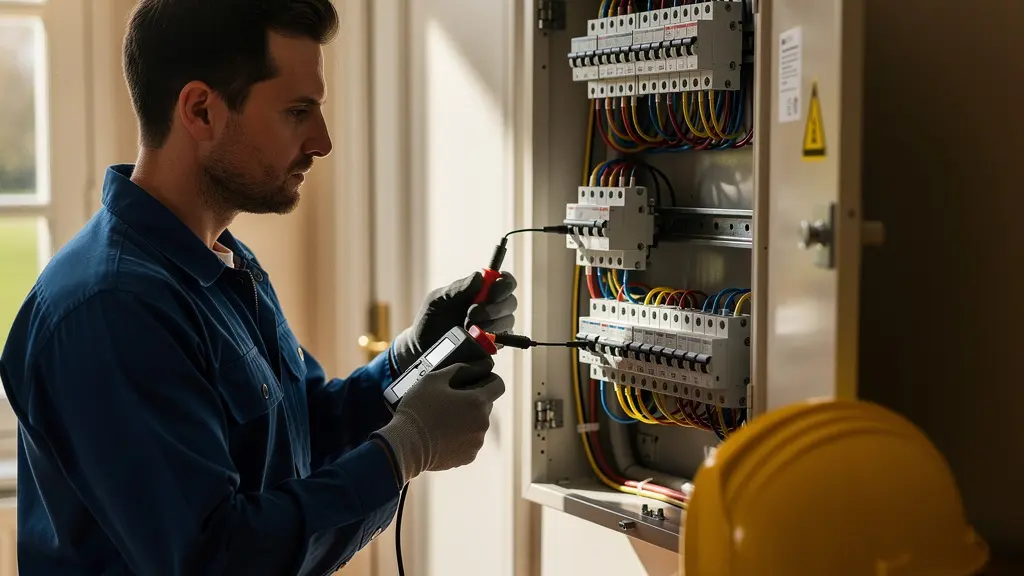 Électricien professionnel inspectant un tableau électrique lors d'une maintenance préventive