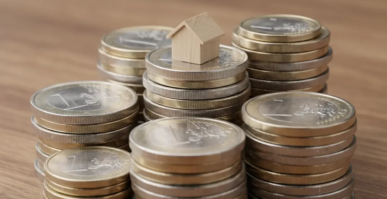 Vue macro de pièces euros empilées avec modèle de maison miniature