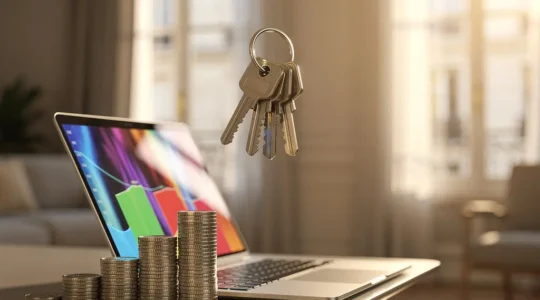 Investisseur immobilier analysant un tableau de rentabilité dans un appartement moderne