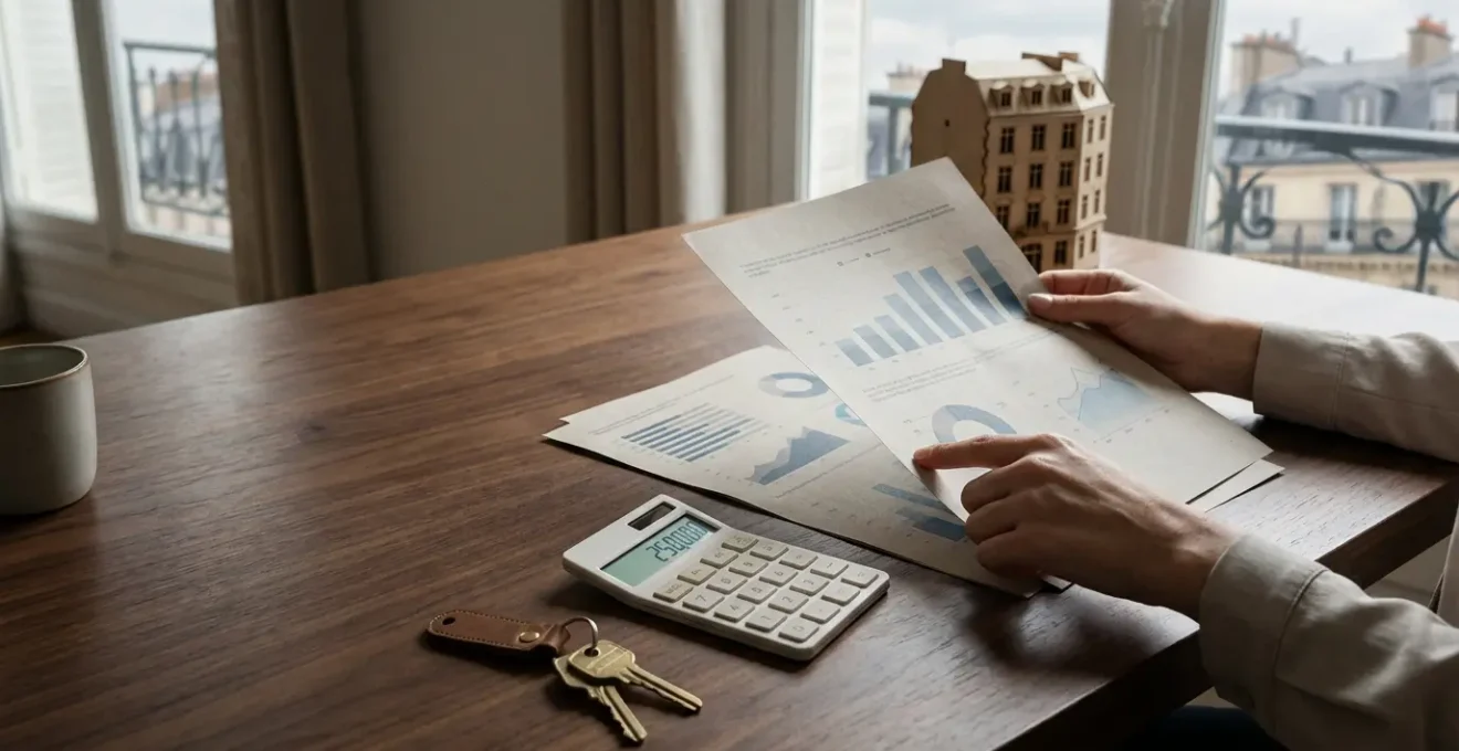 Investisseur étudiant des documents fiscaux sur un bureau en bois avec calculatrice et clés d'appartement