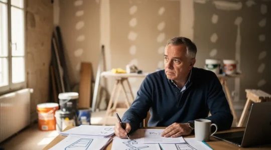 Investisseur immobilier analysant des documents fiscaux devant un appartement en rénovation