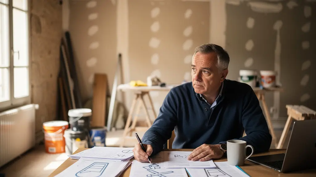 Investisseur immobilier analysant des documents fiscaux devant un appartement en rénovation