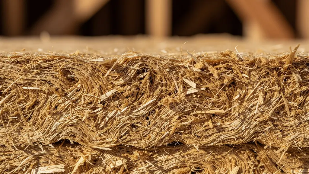 Vue macro de matériau isolant en fibre de bois dans des combles