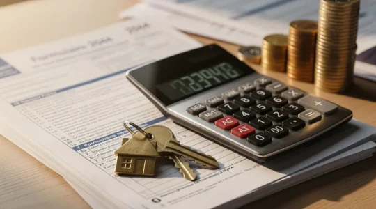 Calculatrice posée sur des documents fiscaux avec clés de maison et pile de pièces symbolisant l'optimisation fiscale immobilière